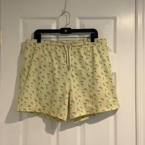 BERMIES Men’s Yellow Pineapple/Watermelon Beach Pool Vacation Swimsuit Trunks L